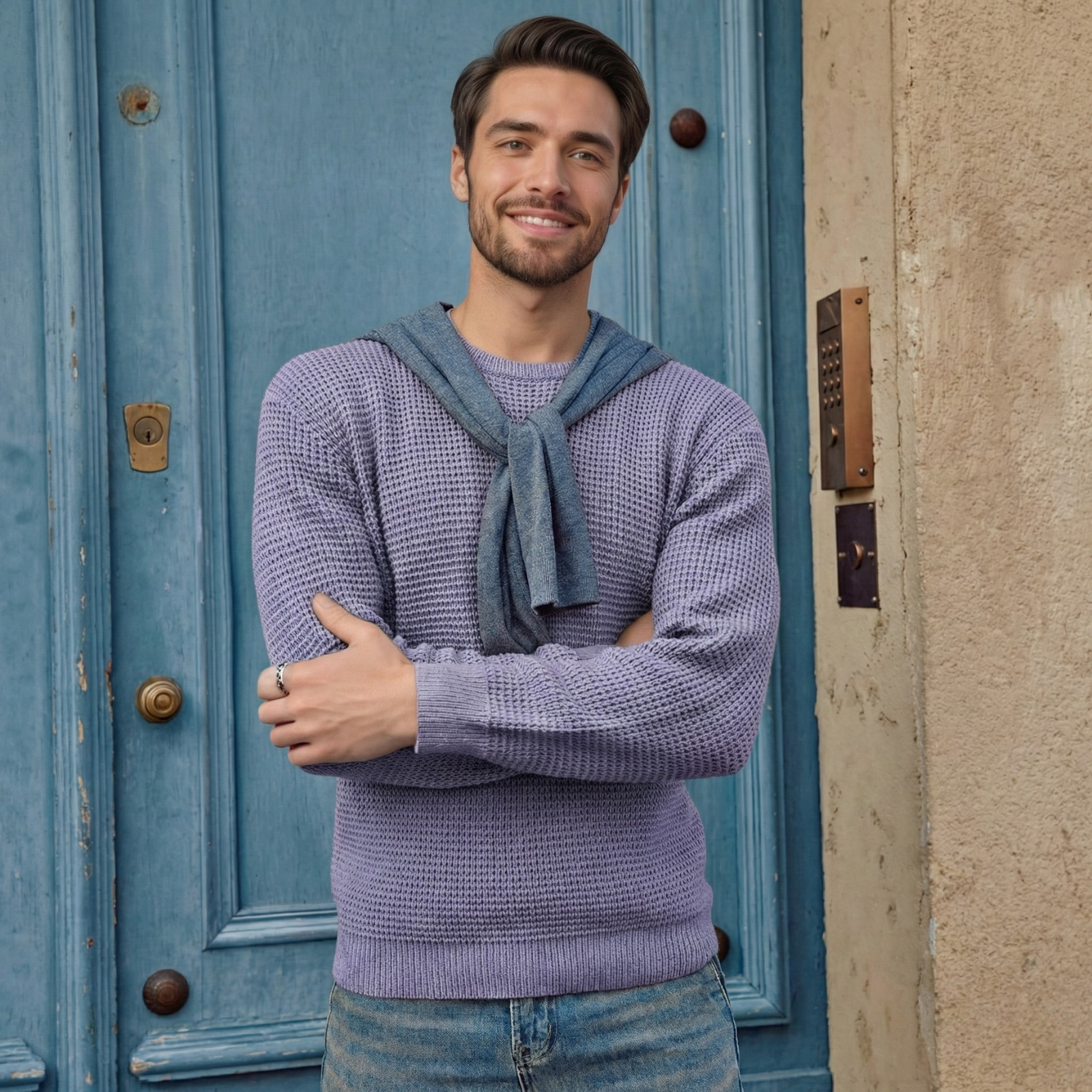 Waffle Textured Long Sleeve Knit Pullover