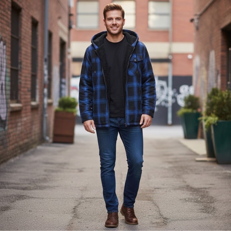 Plaid Flannel Jacket With Sherpa Lining And Fleece Interior For Men