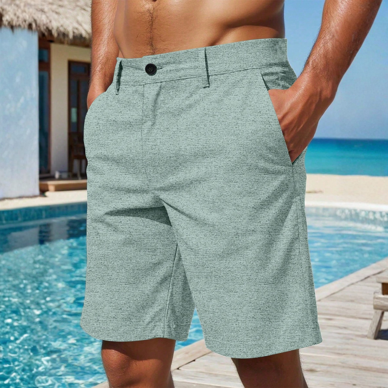 Loose Linen Slant Pocket Length Shorts For Men