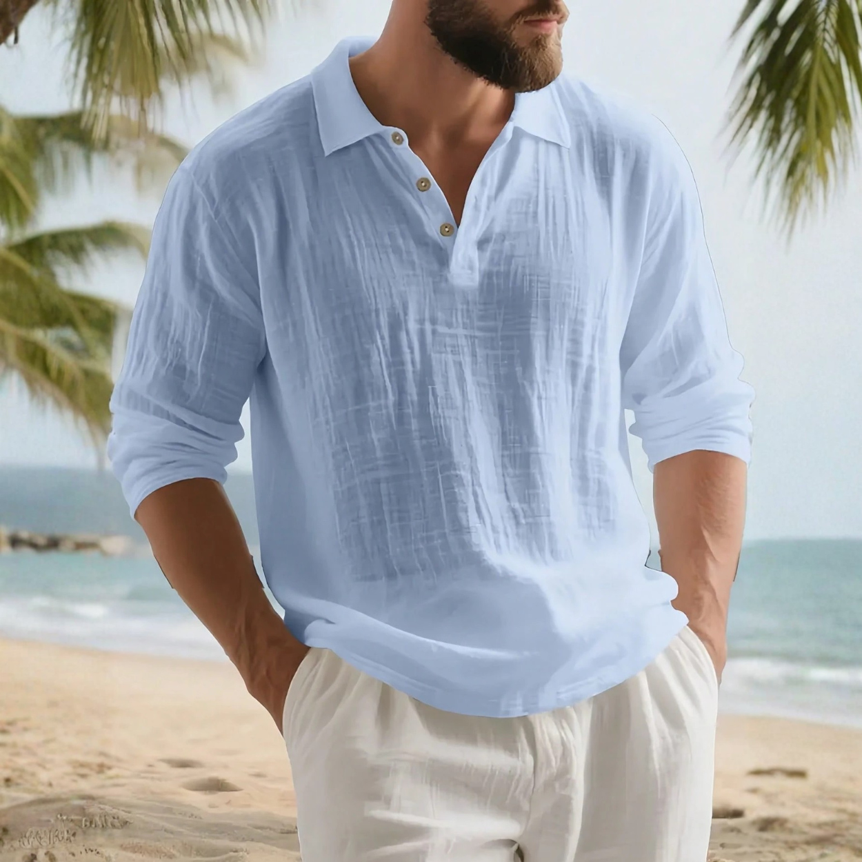 Lightweight Half Placket Button Design Linen Polo Shirt For Men