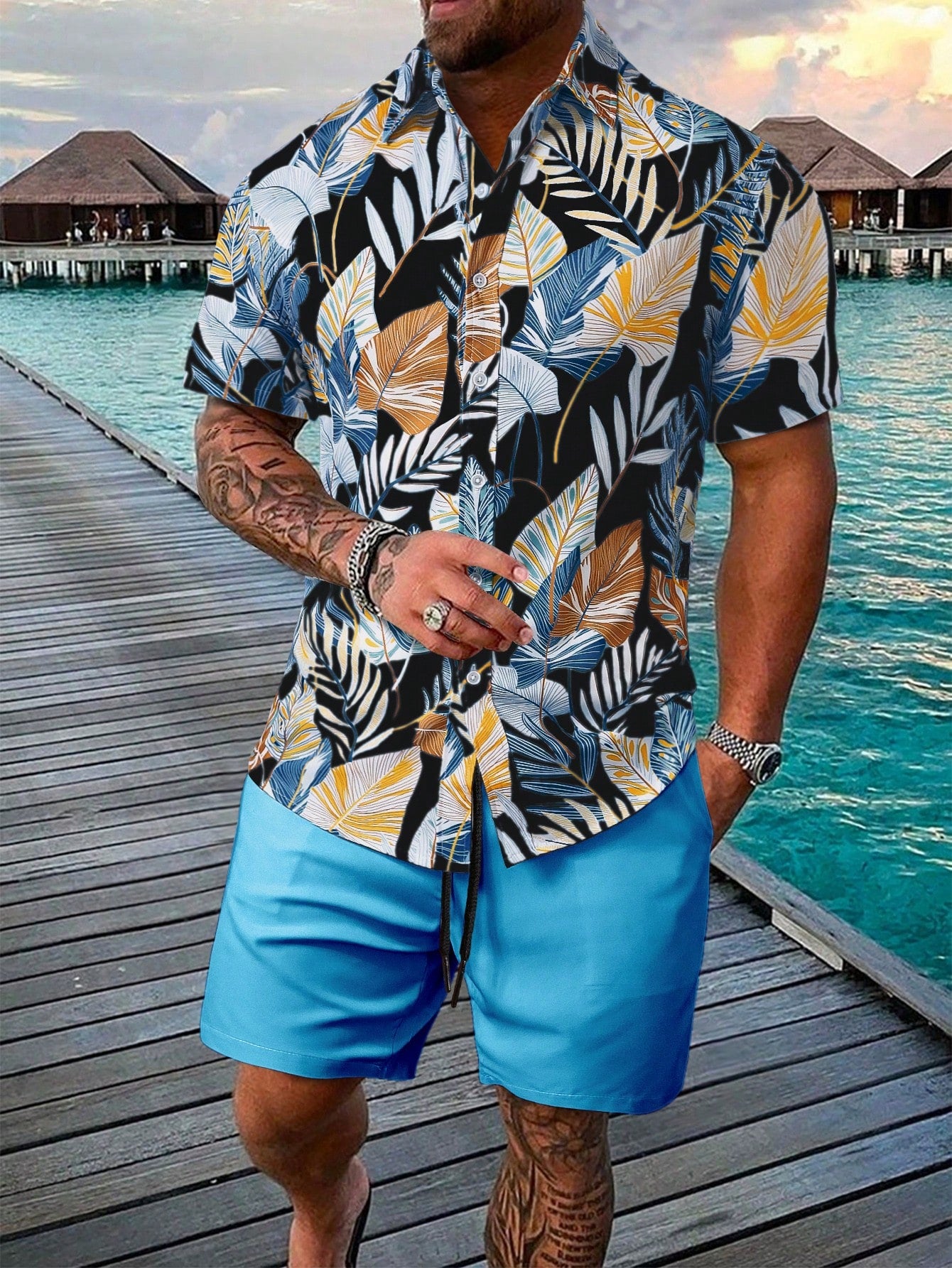Leaf Print Short Sleeve Shirt And Shorts Set-Vacay Outfit