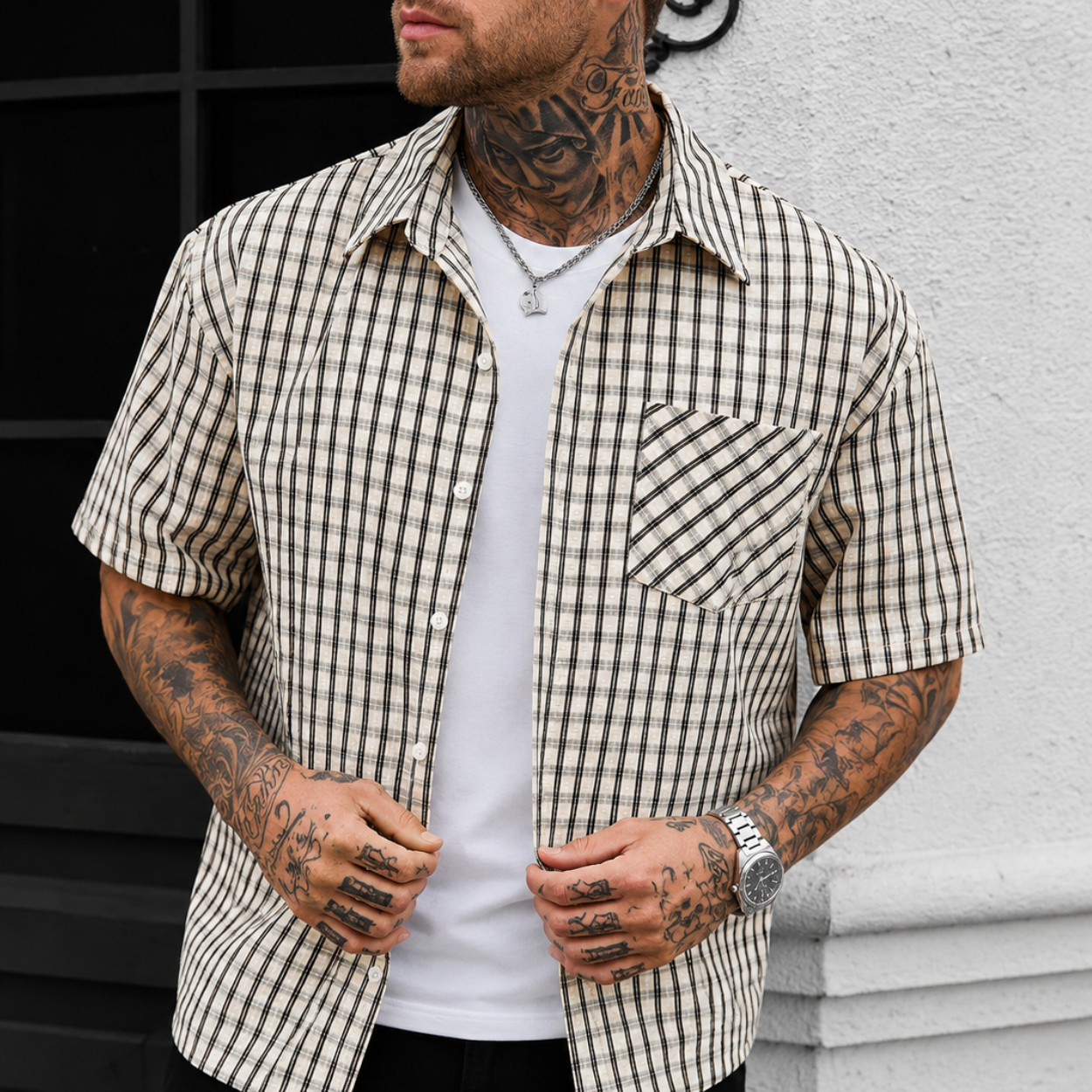 Casual Retro Checkered Short Sleeve Shirt For Men