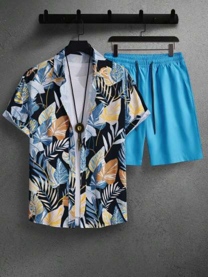 Leaf Print Short Sleeve Shirt And Shorts Set-Vacay Outfit