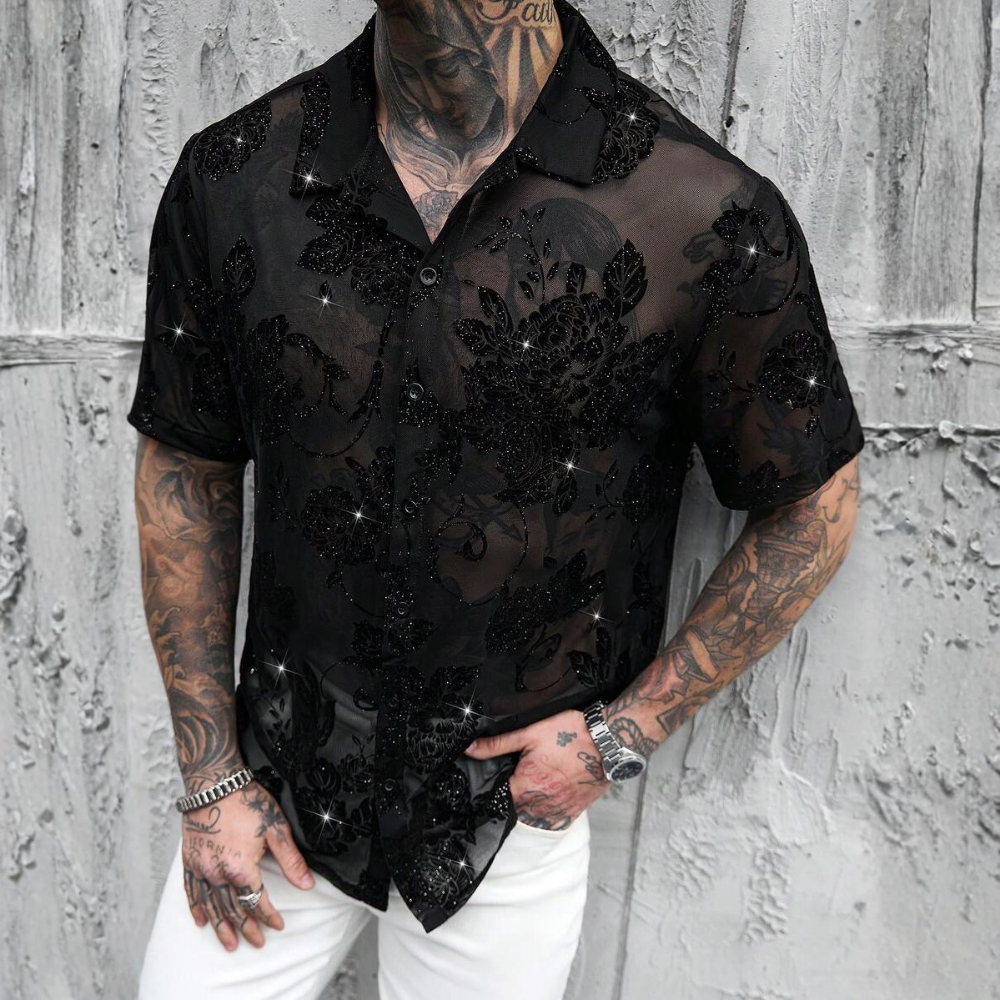 Glitter Rhinestone Mesh Cuban Collar Short Sleeve Party Shirt For Men