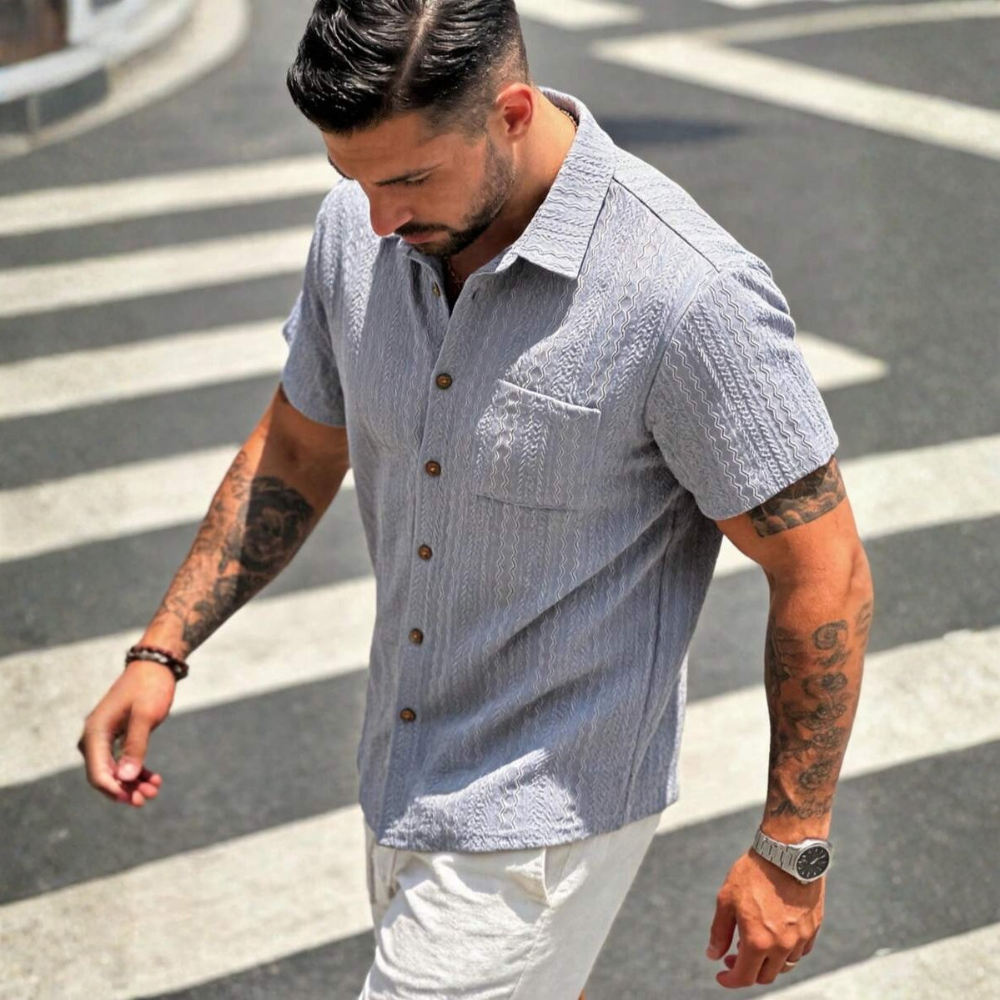 Textured Revere Collar Short Sleeve Casual Vacation Shirt For Men