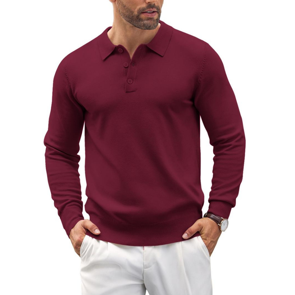 Long Sleeve Front Buttoned Knit Polo Shirt For Men