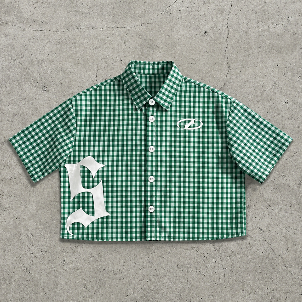 Plaid Graffiti Print Short Sleeve Button Up Streetwear Shirt for Men
