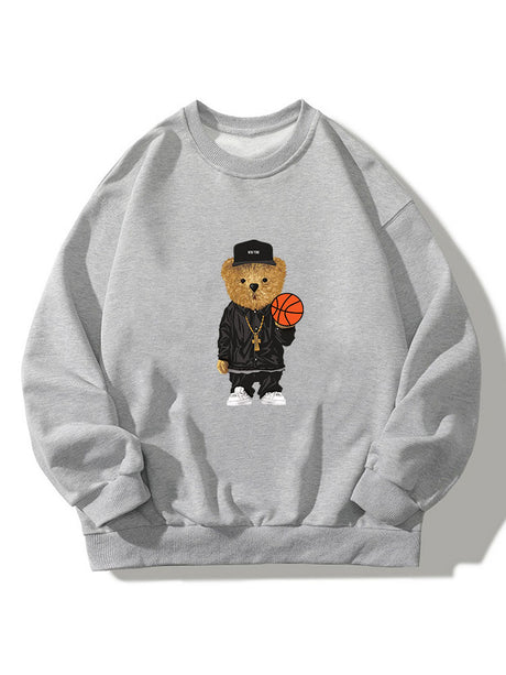 Basketball Bear Print Crew Neck Sweatshirt-Vacay Outfit