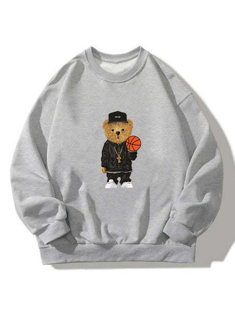 Basketball Bear Print Crew Neck Sweatshirt-Vacay Outfit