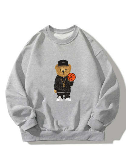 Basketball Bear Print Crew Neck Sweatshirt-Vacay Outfit