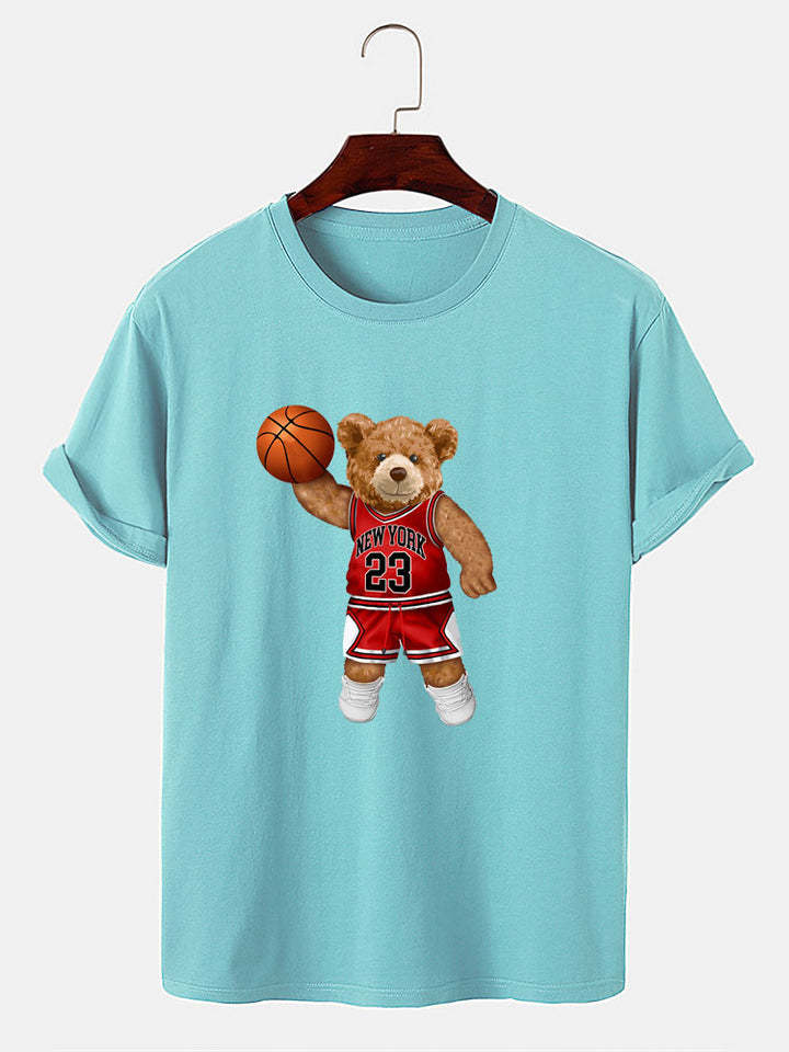 Bear Playing Basketball Print T-Shirt-Vacay Outfit