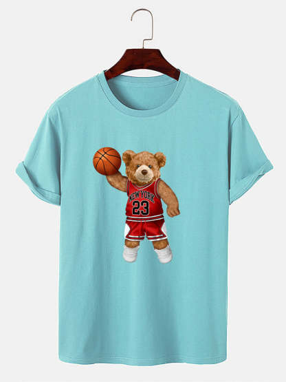 Bear Playing Basketball Print T-Shirt-Vacay Outfit