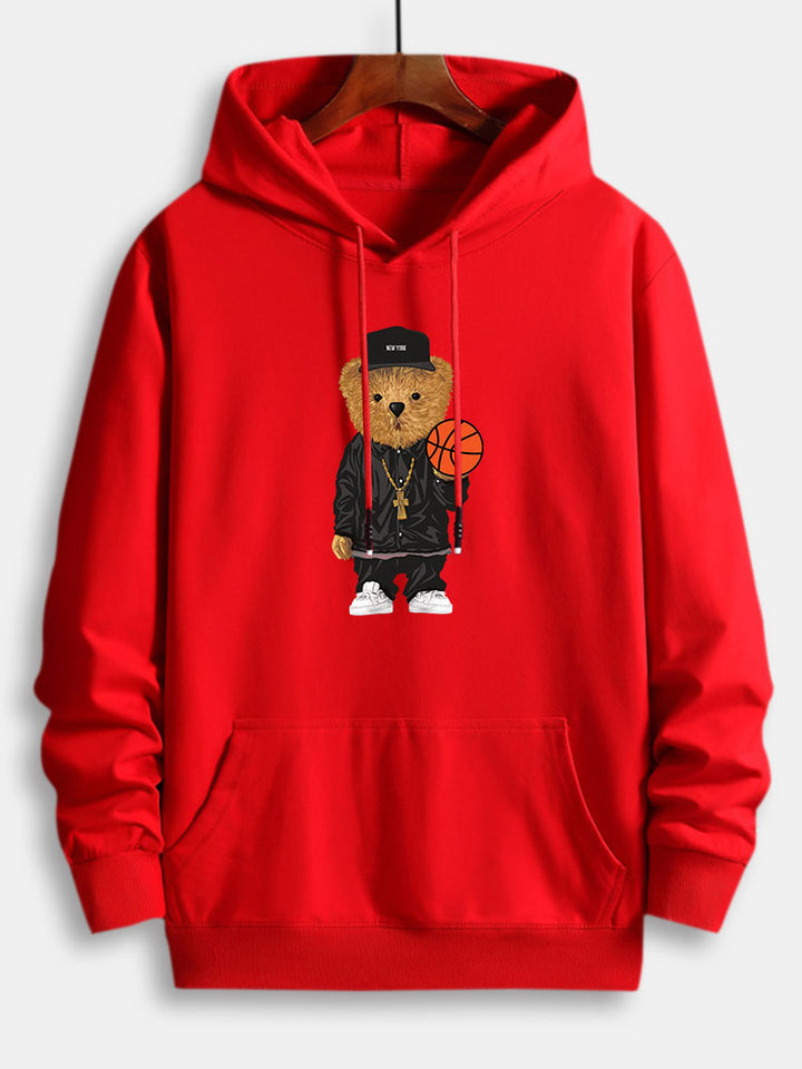 Basketball Bear Print Cotton Hoodie-Vacay Outfit