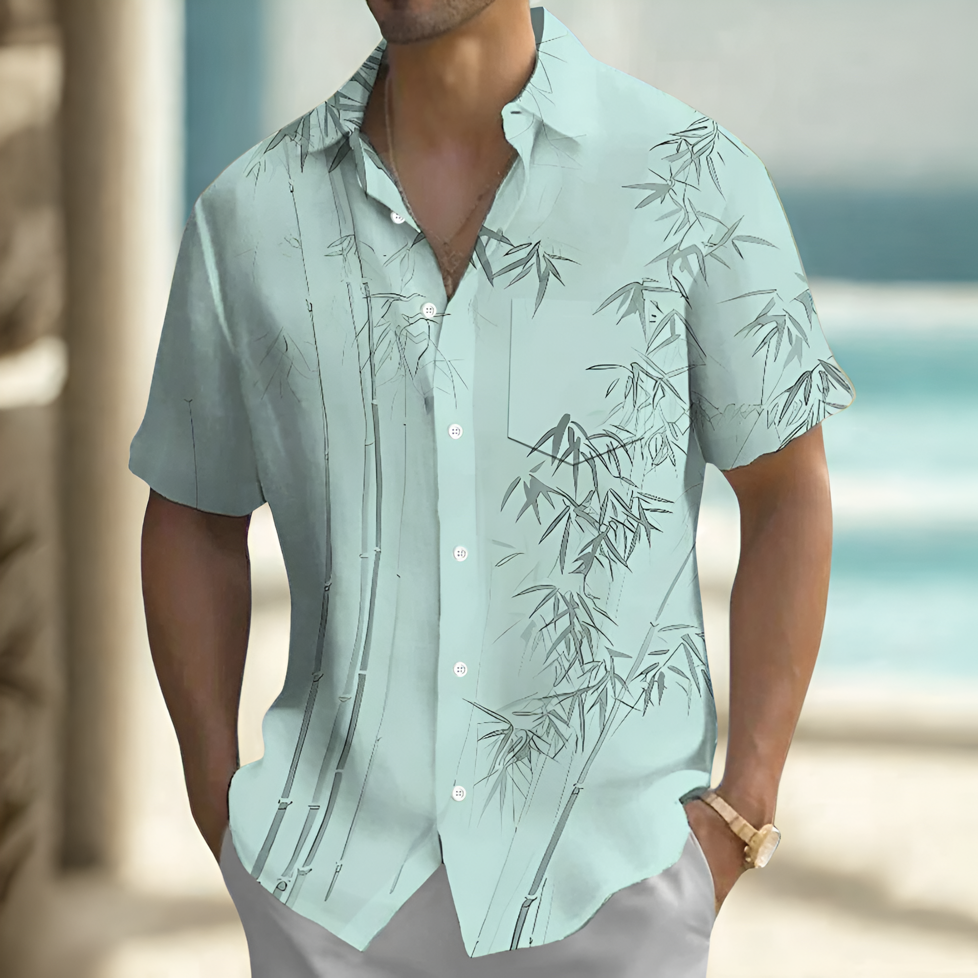 Hawaiian Bamboo Leaf Print Button Down Shirt For Men