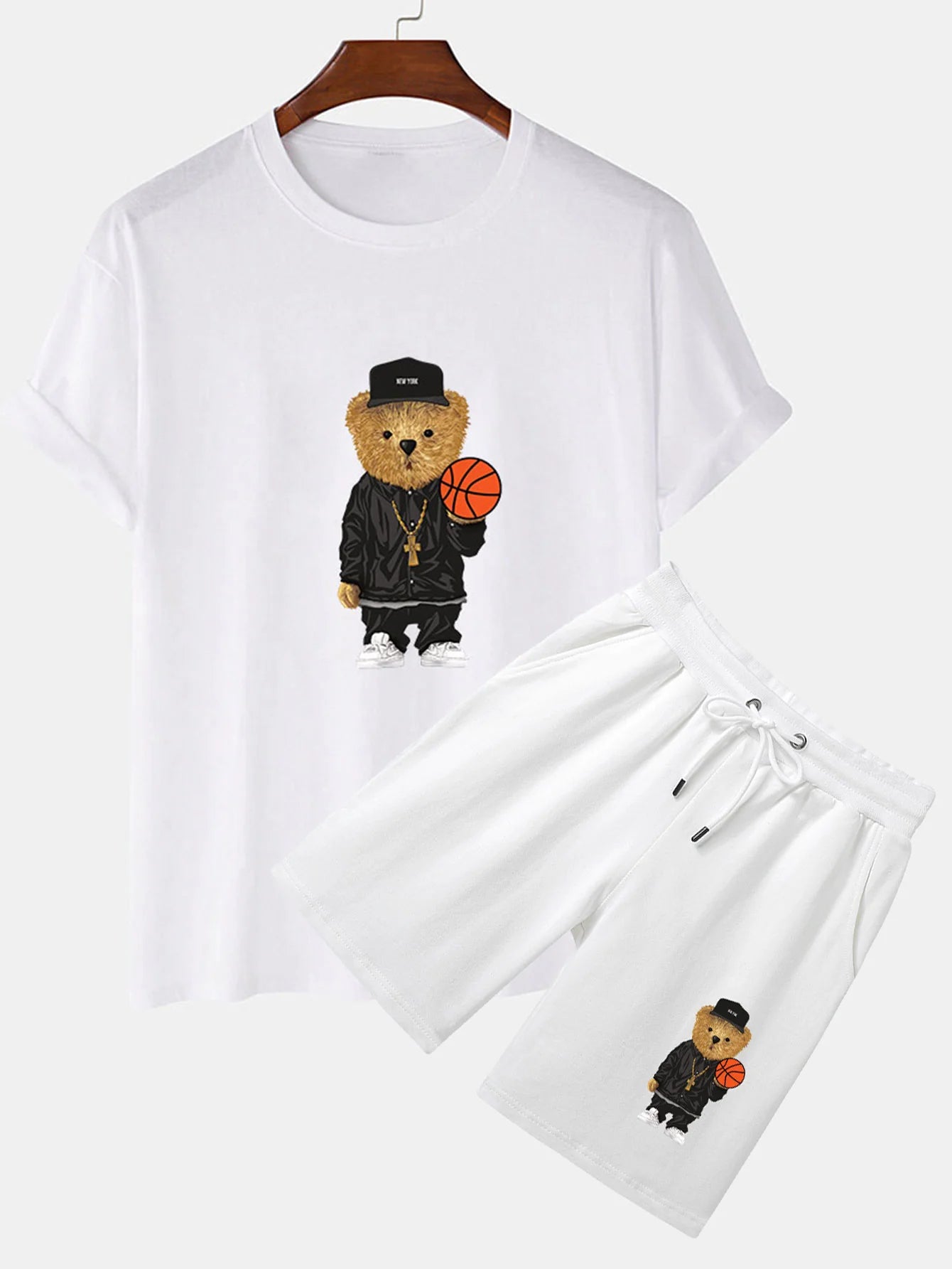 Basketball Bear Print T-Shirt And Shorts-Vacay Outfit