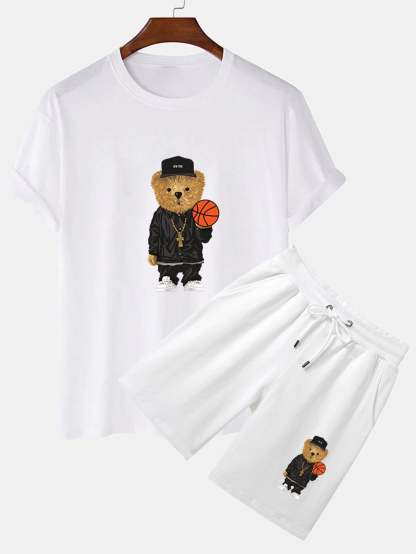 Basketball Bear Print T-Shirt And Shorts-Vacay Outfit