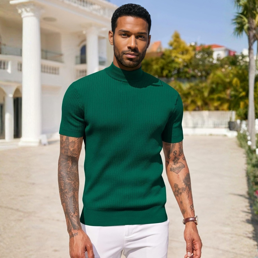 Men's Mock Turtleneck Sweater Short Sleeve Casual Basic Tops Ribbed Knit Pullover Solid Tee