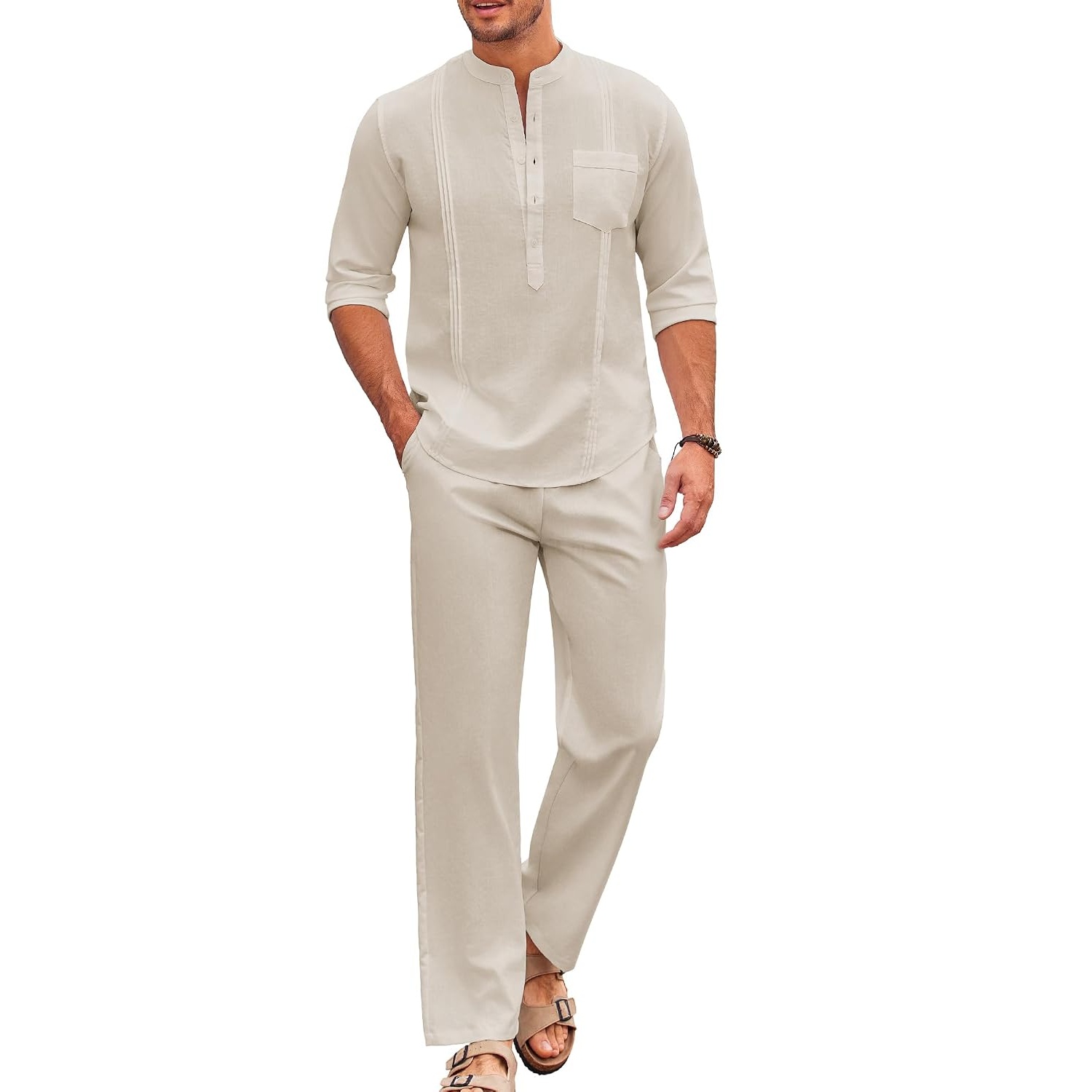 Casual Long Sleeve Loose Beach Shirt And Pant Set For Men