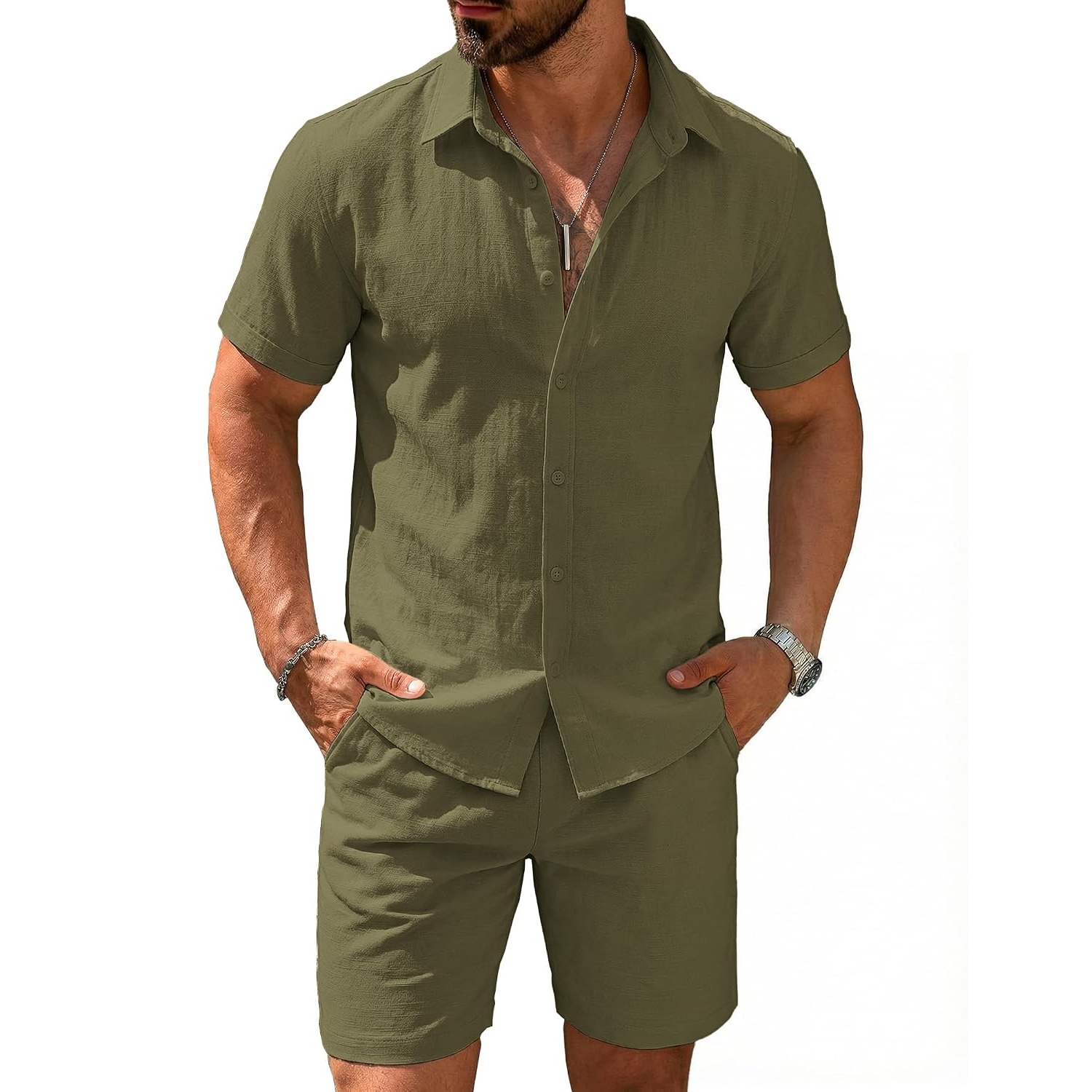 Casual Cotton Linen Summer Beach Wear Shirt And Short Set For Men