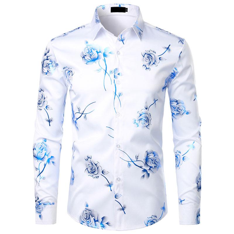 Slim Fit 3D Rose Print Long Sleeve Casual Shirt For Men