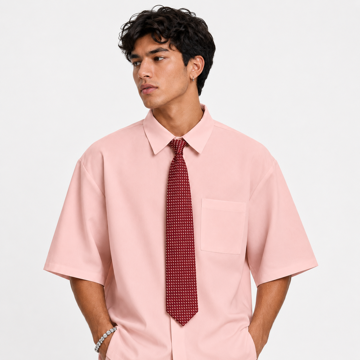 Solid Color Loose Fit Short Sleeve Shirt With Tie For Men
