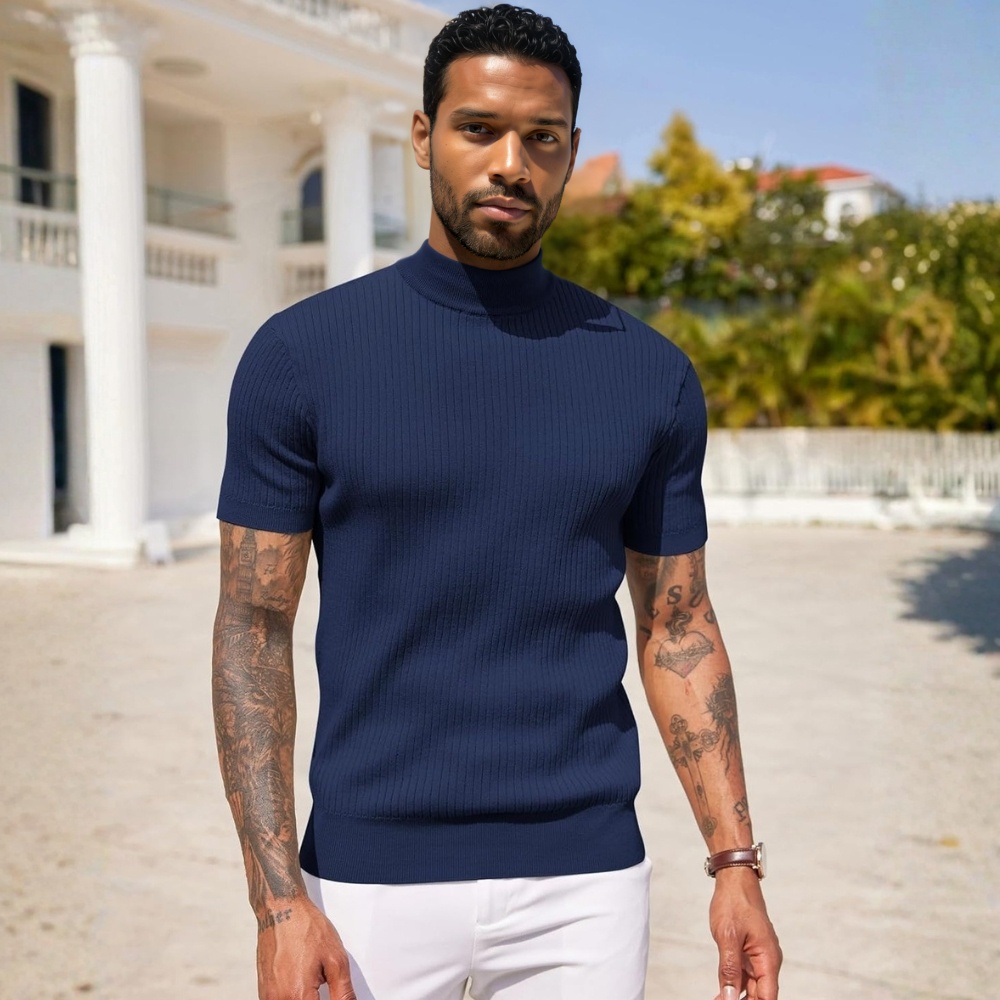 Men's Mock Turtleneck Sweater Short Sleeve Casual Basic Tops Ribbed Knit Pullover Solid Tee