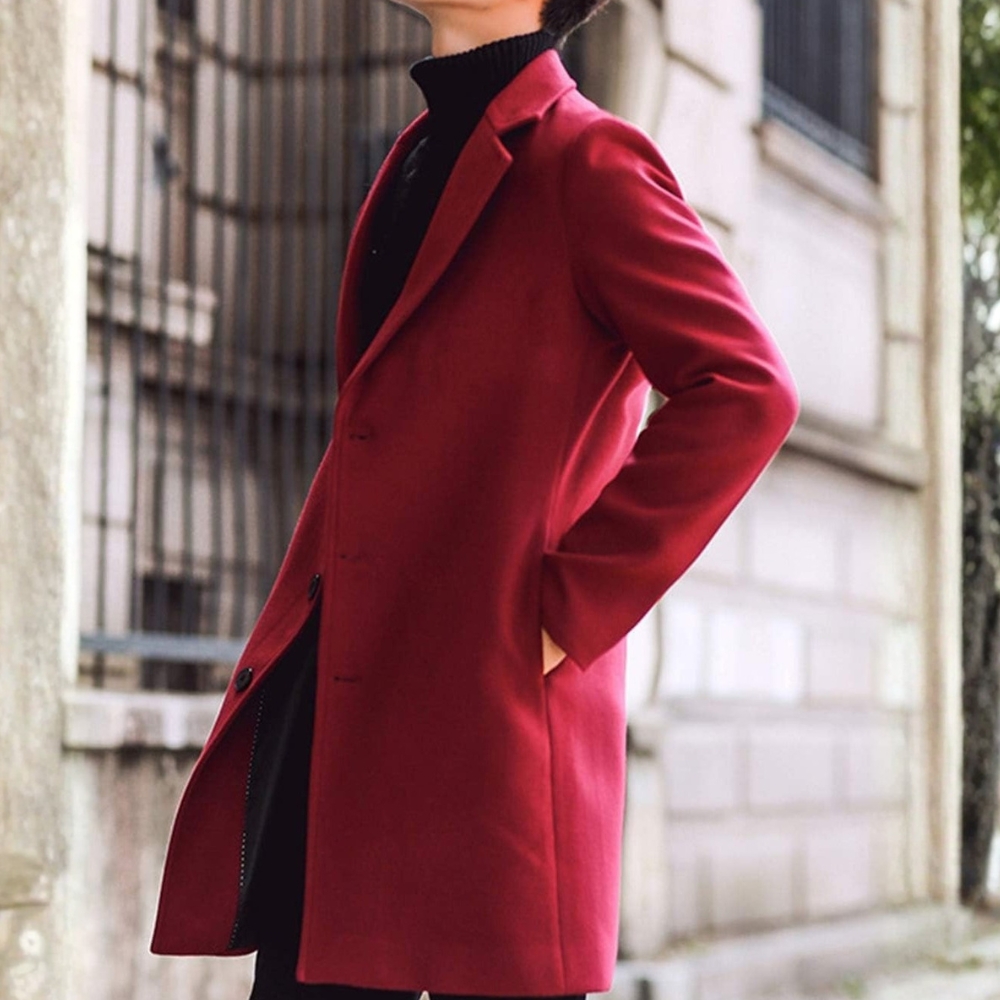 Men's Wool Blend Pea Coat Notched Collar Single Breasted Overcoat Warm Winter Trench Coat