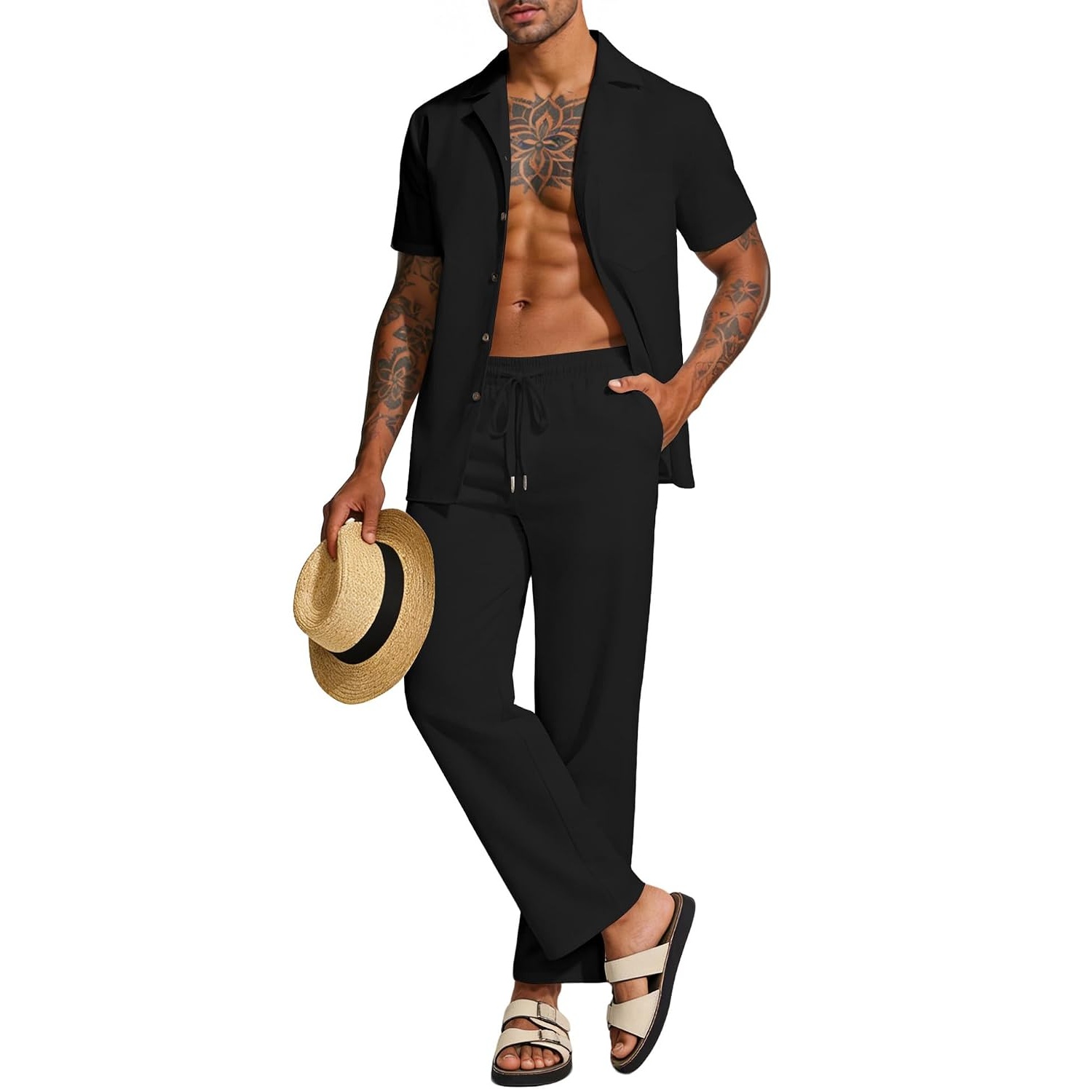 Casual Linen Summer Beach Shirt And Pant Set For Men