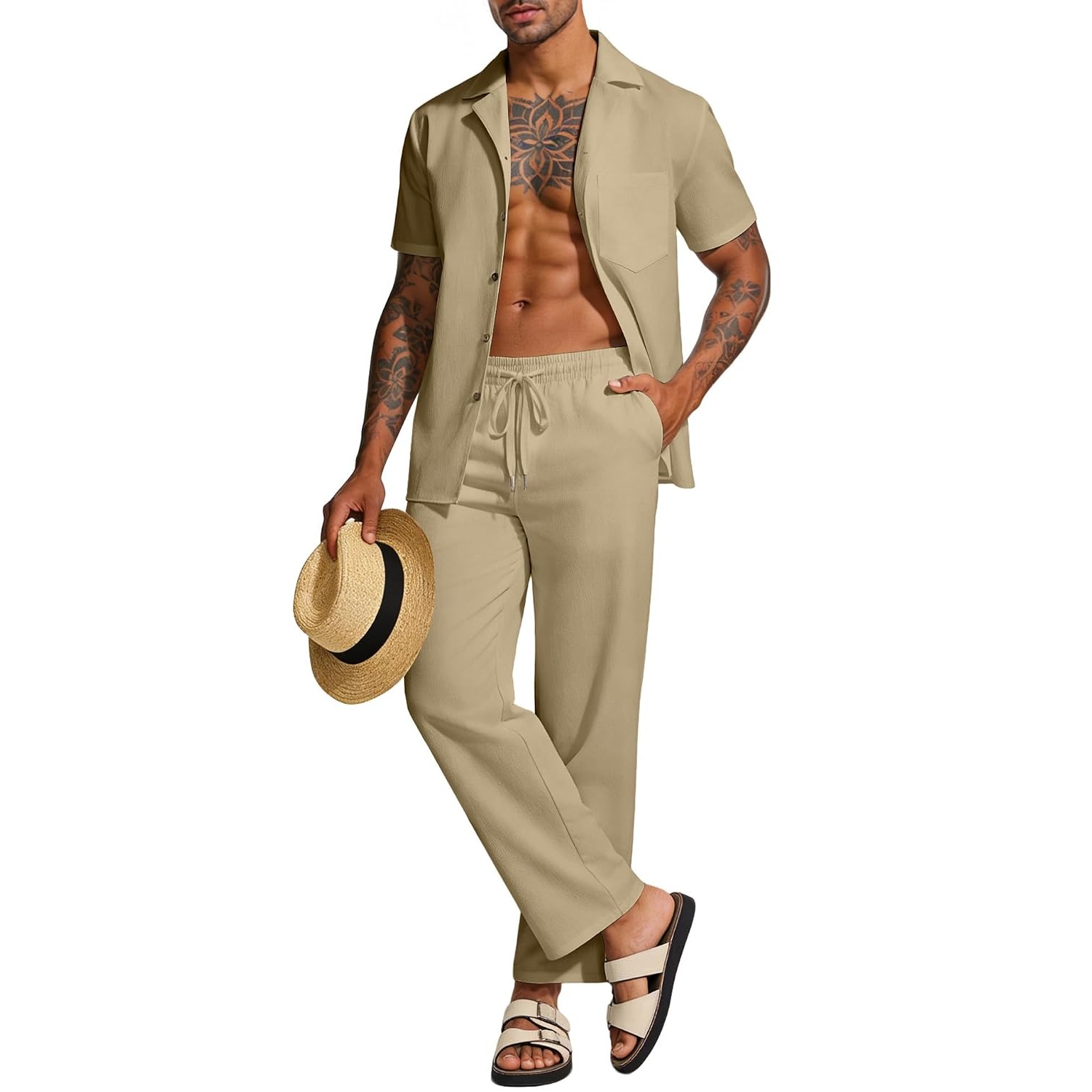 Casual Linen Summer Beach Shirt And Pant Set For Men