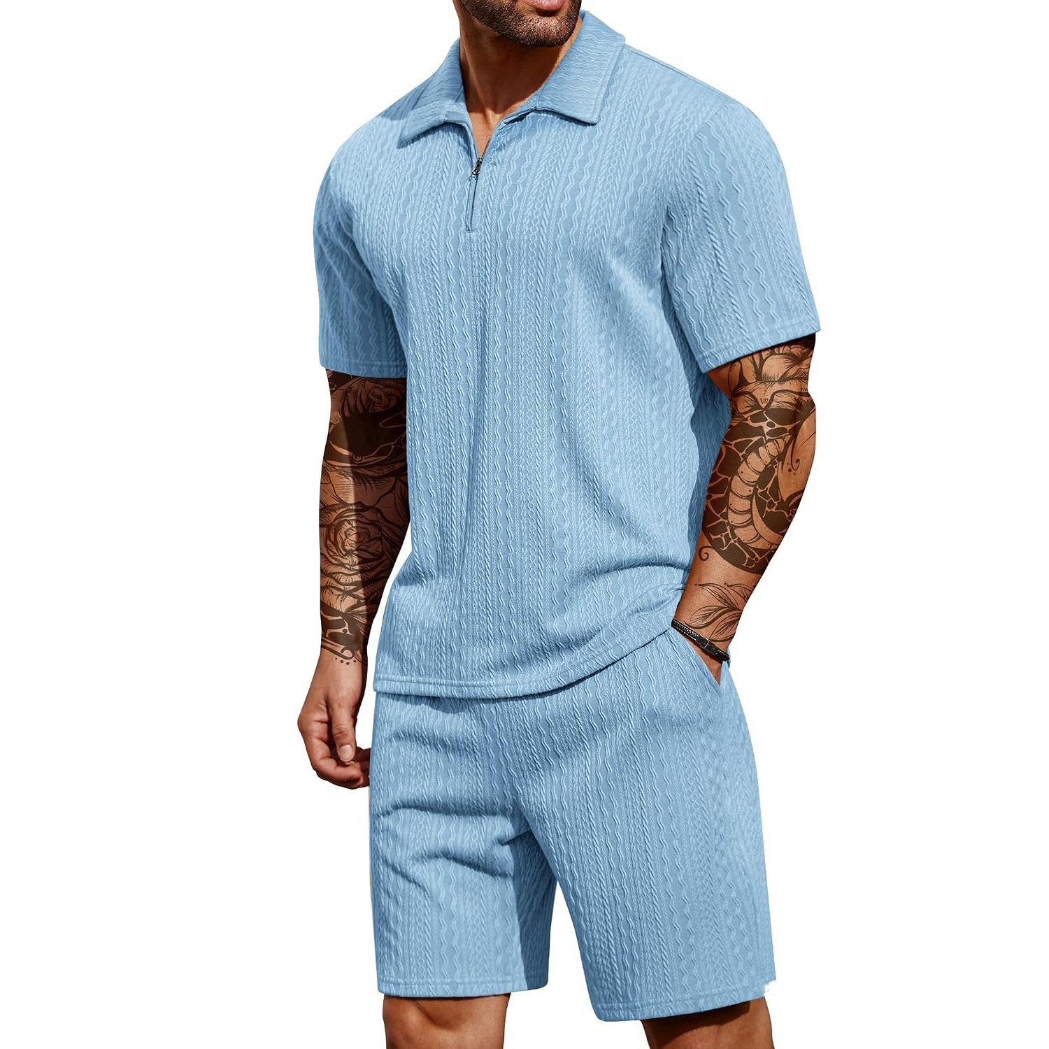 Casual Summer Athletic Quarter Shorts And Polo Shirt Set For Men