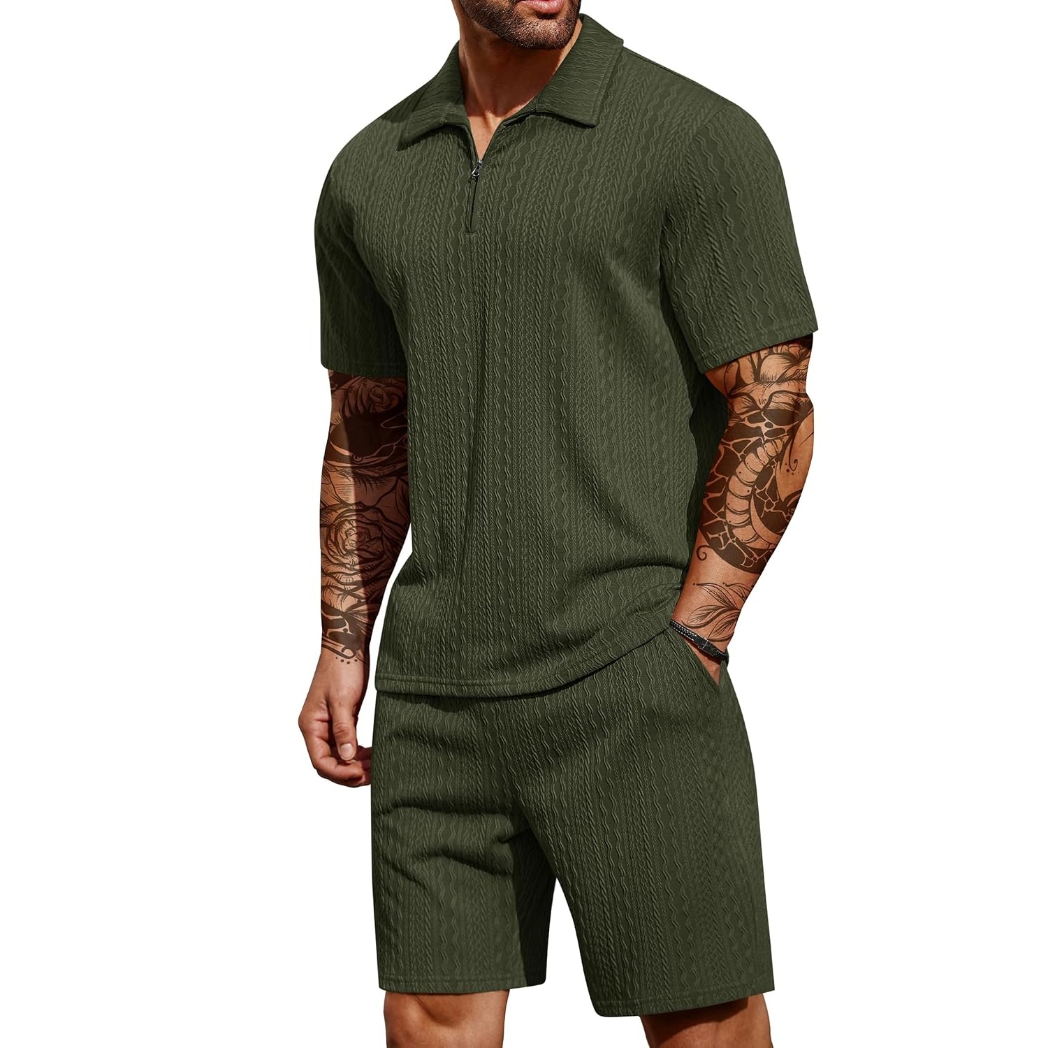 Casual Summer Athletic Quarter Shorts And Polo Shirt Set For Men