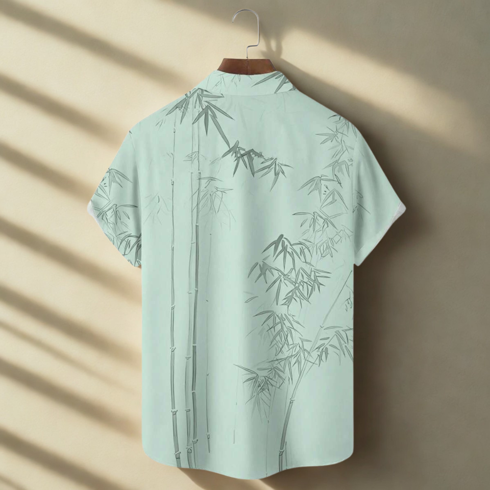 Hawaiian Bamboo Leaf Print Button Down Shirt For Men