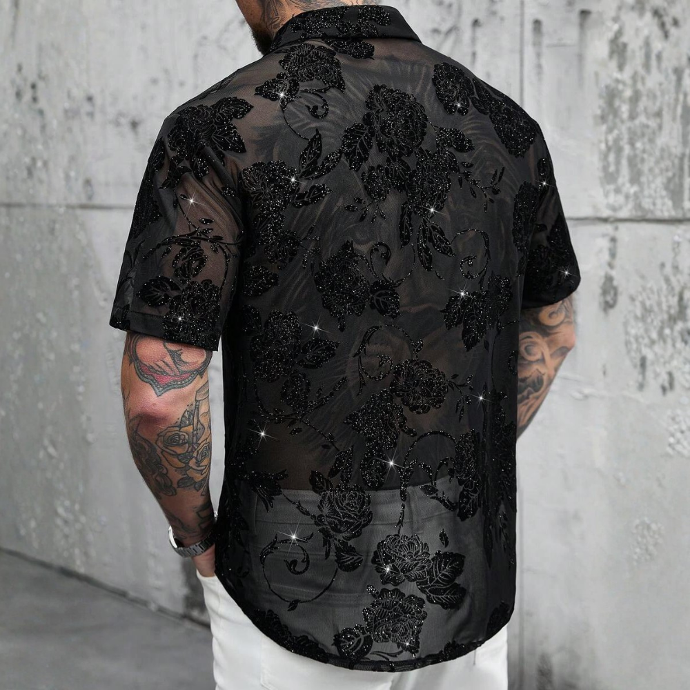 Glitter Rhinestone Mesh Cuban Collar Short Sleeve Party Shirt For Men