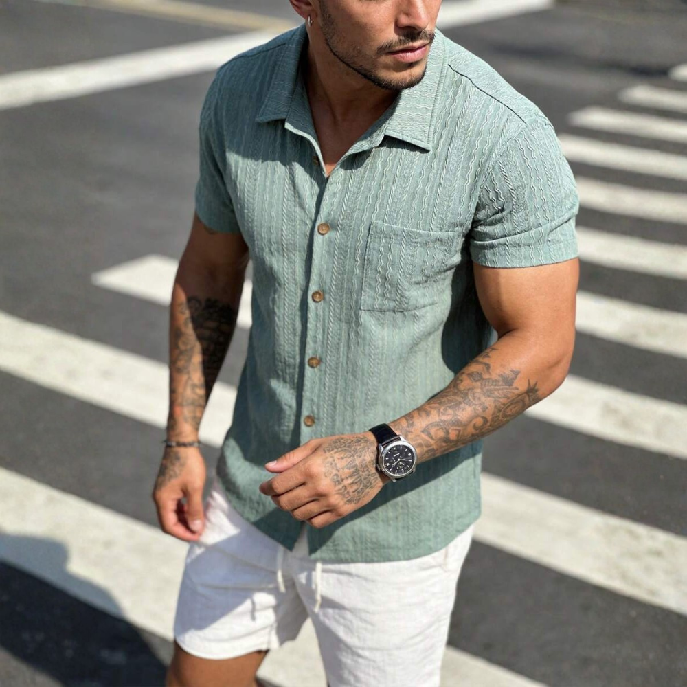 Textured Revere Collar Short Sleeve Casual Vacation Shirt For Men