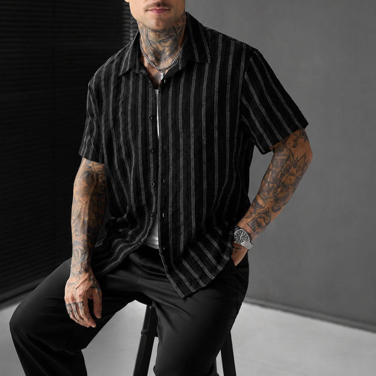 Striped Pattern Short Sleeve Button Up Shirt For Men