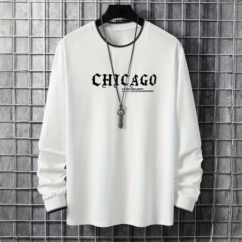 Chicago Letter Graphic Print Long Sleeve Casual T Shirt For Men