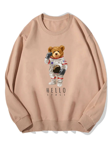 Astronaut Bear Print Cotton Sweatshirt-Vacay Outfit