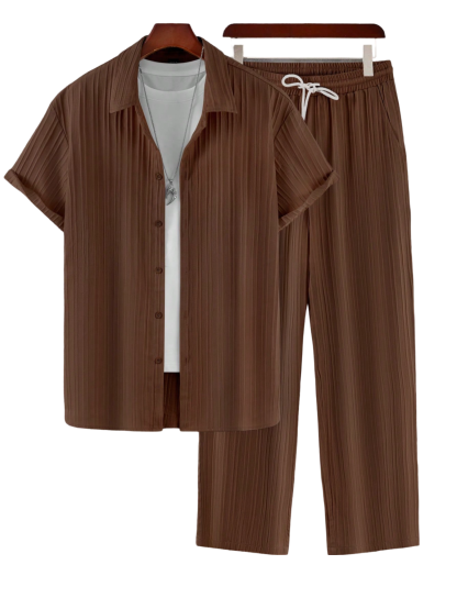 Solid Colored Button Up Shirt And Pants Without Tee-Vacay Outfit