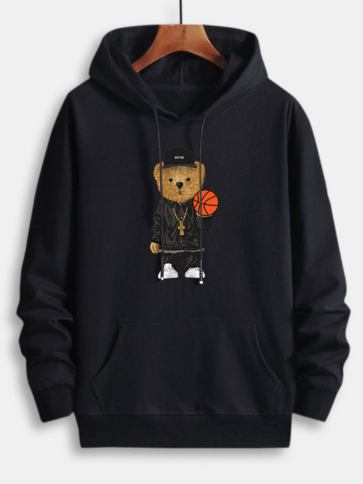 Basketball Bear Print Cotton Hoodie-Vacay Outfit