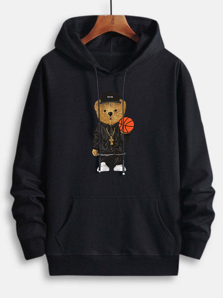 Basketball Bear Print Cotton Hoodie-Vacay Outfit