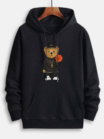 Basketball Bear Print Cotton Hoodie-Vacay Outfit