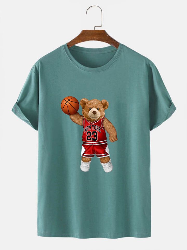 Bear Playing Basketball Print T-Shirt-Vacay Outfit