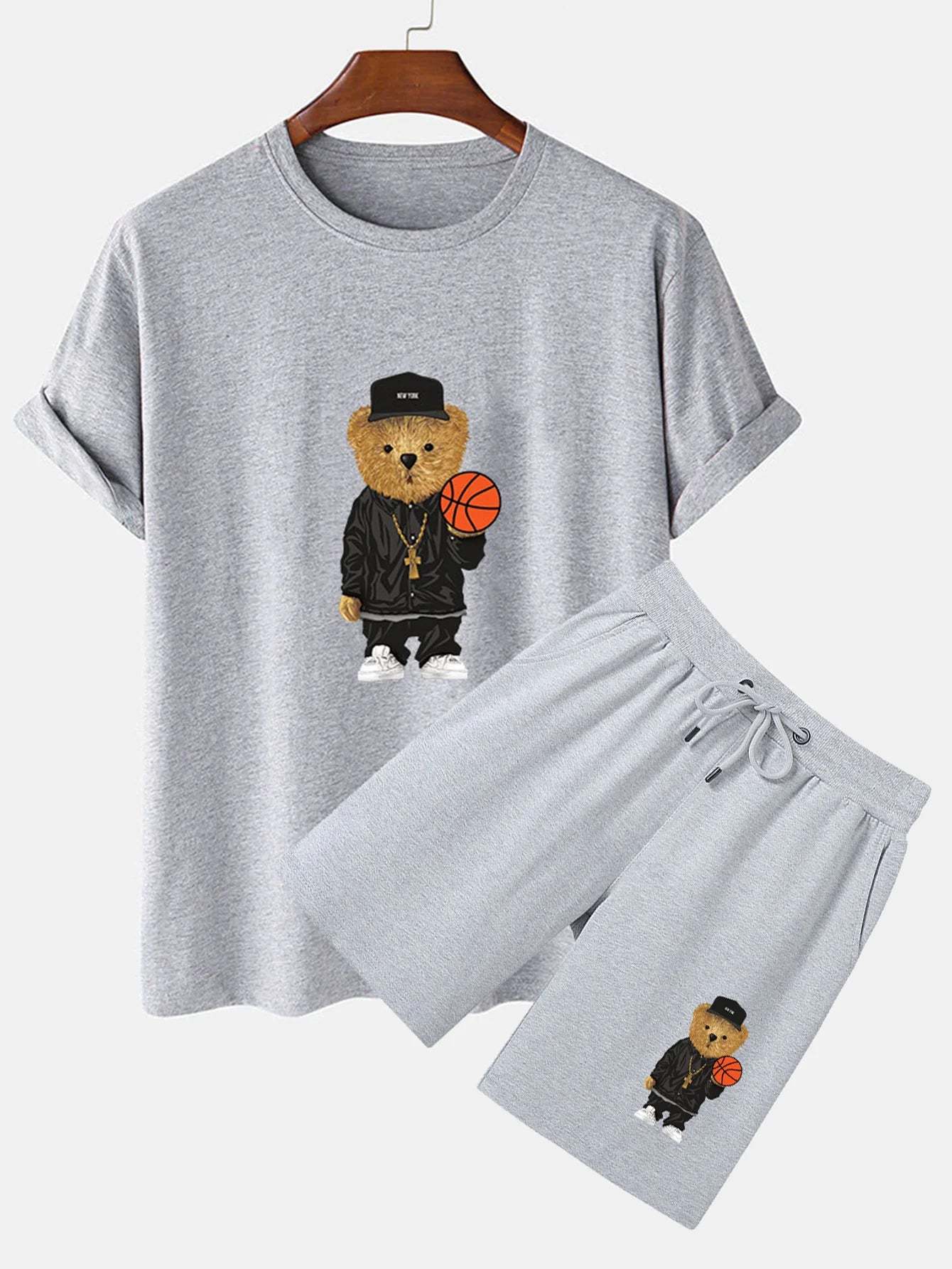 Basketball Bear Print T-Shirt And Shorts-Vacay Outfit