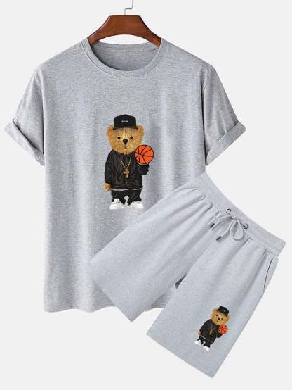 Basketball Bear Print T-Shirt And Shorts-Vacay Outfit