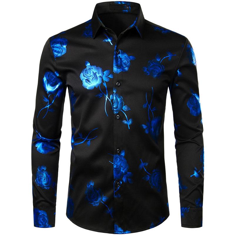 Slim Fit 3D Rose Print Long Sleeve Casual Shirt For Men