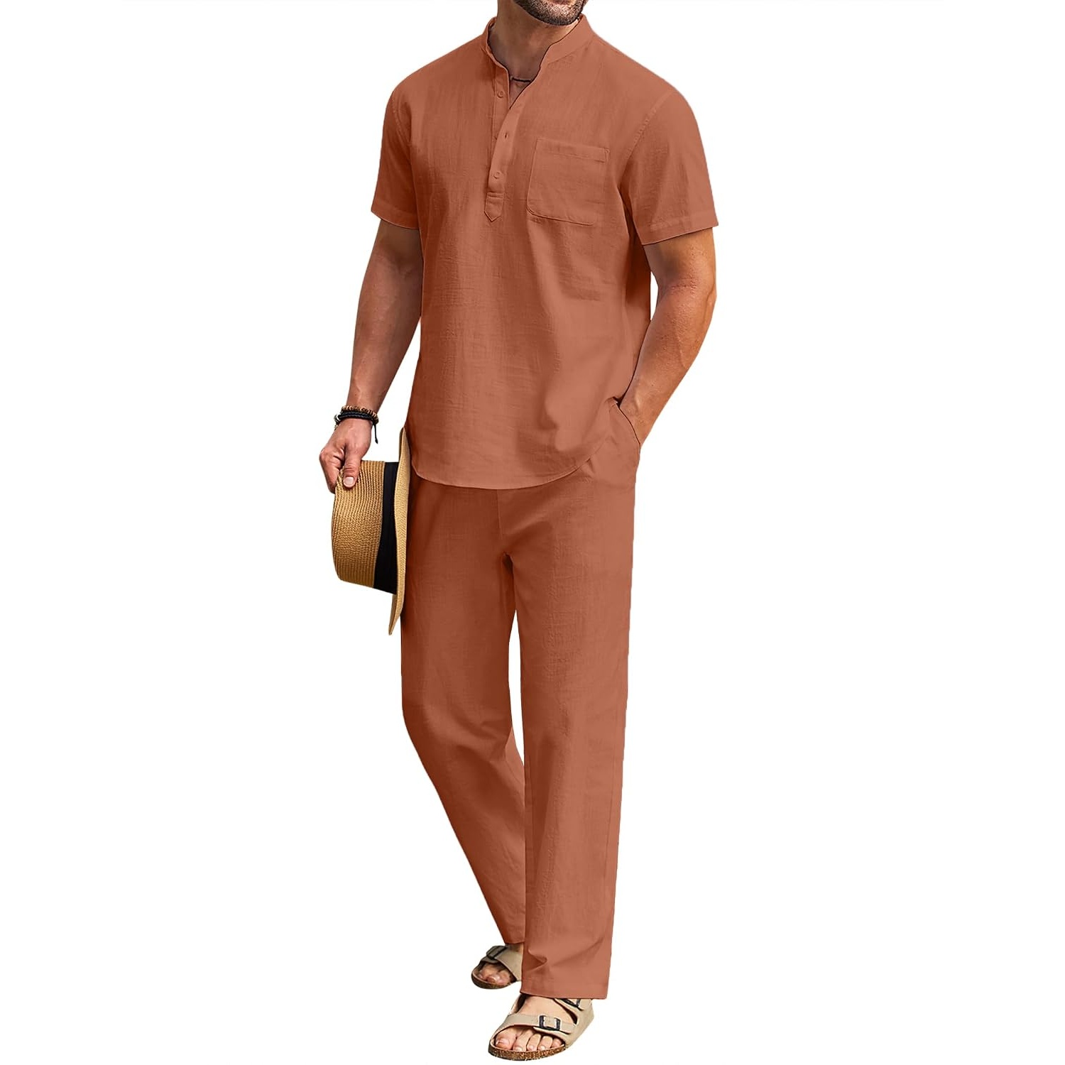 Casual Short Sleeve Cotton Linen Shirt And Pant Set For Men