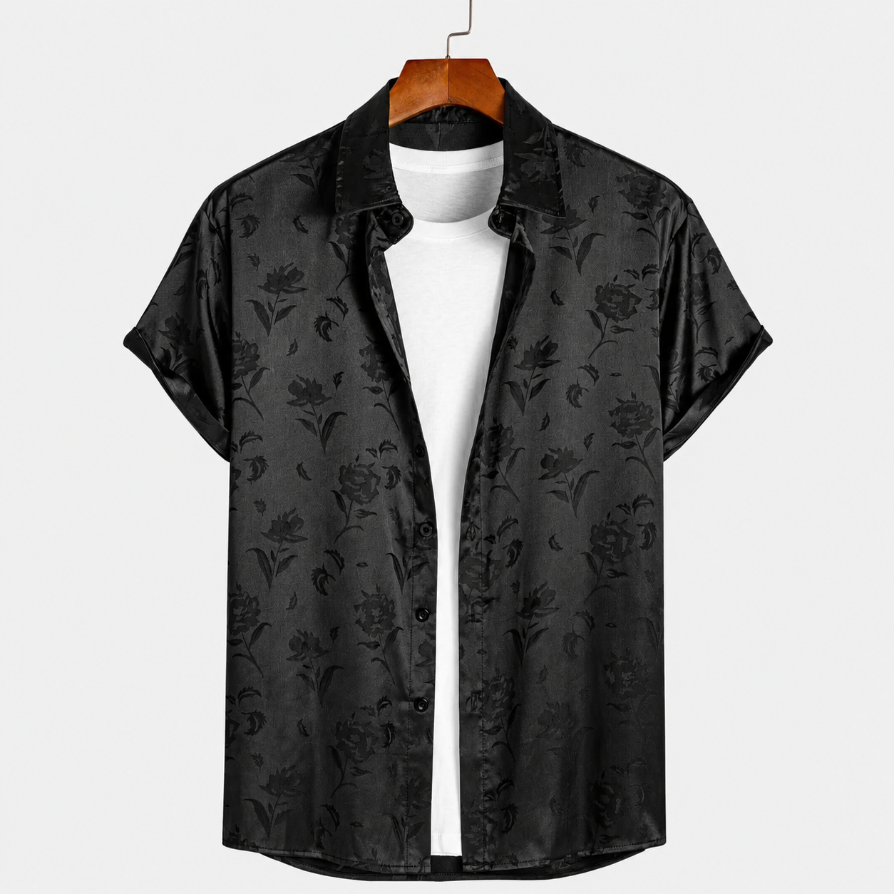  Rose Print Floral Jacquard Short Sleeve Shirt For Men