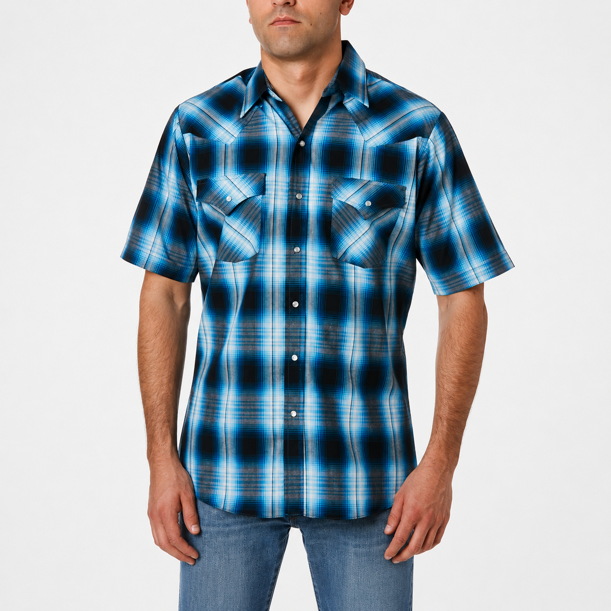 Casual Plaid Short Sleeve Western Snap Shirt For Men With Pockets