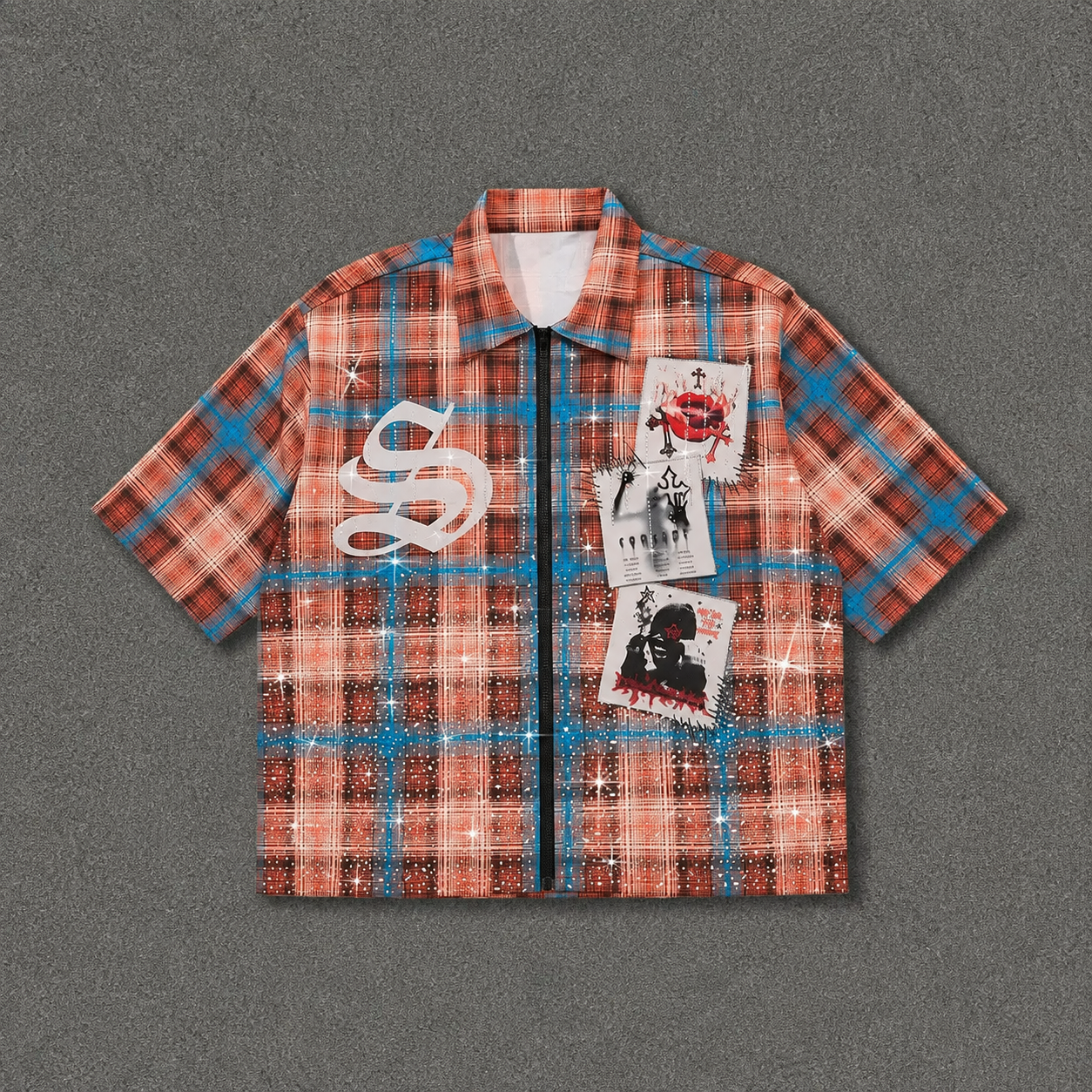 Graphic Print Rhinestone Plaid Casual Fitted Shirt For Men