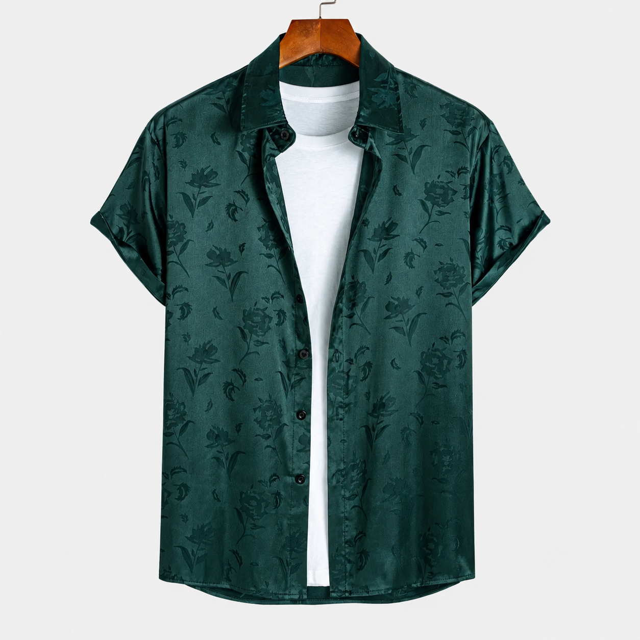  Rose Print Floral Jacquard Short Sleeve Shirt For Men